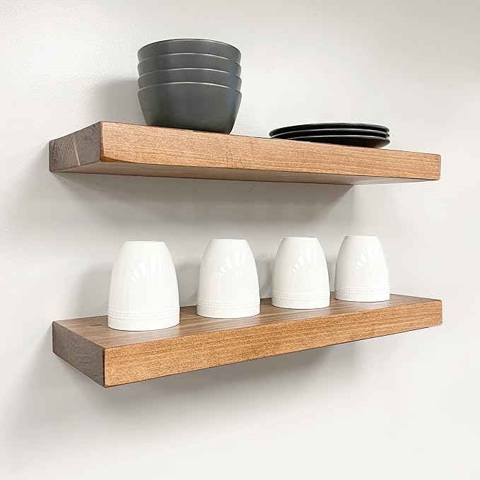URBANDI, Rustic Floating Shelves, Set of 2, Hidden Bracket, Solid Wood, Heavy Duty, Wall Mounted Shelves, (Brown, 24Wx12D)