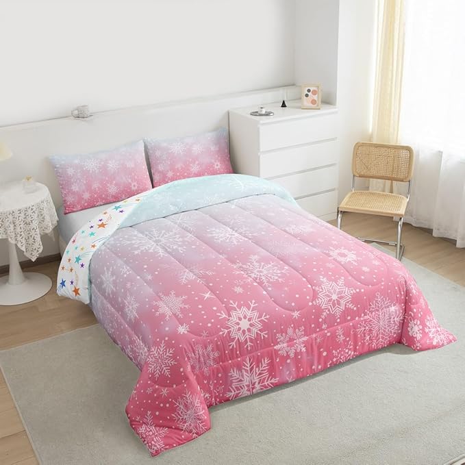 Feelyou Christmas Comforter Set King Size Winter Snowflake Bedding Set for Kids Boys Girls Blue Pink Gradient Duvet Quilt Bedroom Decor Microfiber 3 Pcs with 2 Pillow Cases