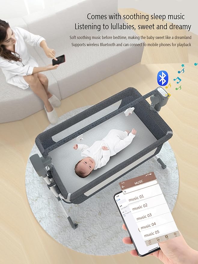 Electric Bluetooth Smart Baby Bedside Bassinet, Baby Bassinet Bedside Sleeper, Next to Me Crib with Wheels, Foldable Co-Sleeping Bed Bassinet for Newborn with 5 Swaying Gears and Remote (601 Grey)
