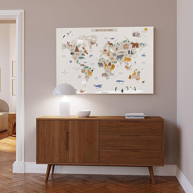 KIPNG Kids World Map - Playroom Animal World Map - Nursery Educational Poster Canvas Poster Wall Art Picture Paintings for Living Room Bedroom Decoration Unframe-style08x12inch(20x30cm)