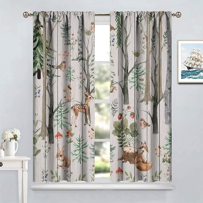Forest Animal Curtains,Winter Dry Branches Pine Tree Moose Bear Animal Print Curtains for Children Boys and Girls Bedroom Living Room 63x72in