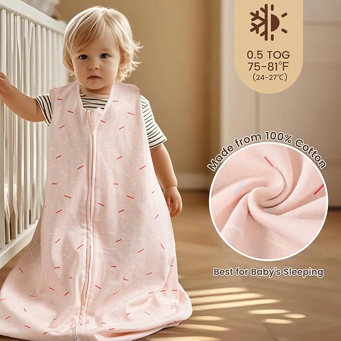 PHF Soft Baby Sleep Sack 6-12 Months 100% Organic Cotton Wearable Blanket, 2-Way Zipper 0.5 TOG Toddler Sleeping Sack 3 Pack, Comfy Sleep Bag for Baby Boys Girls, Ice Cream (Medium)