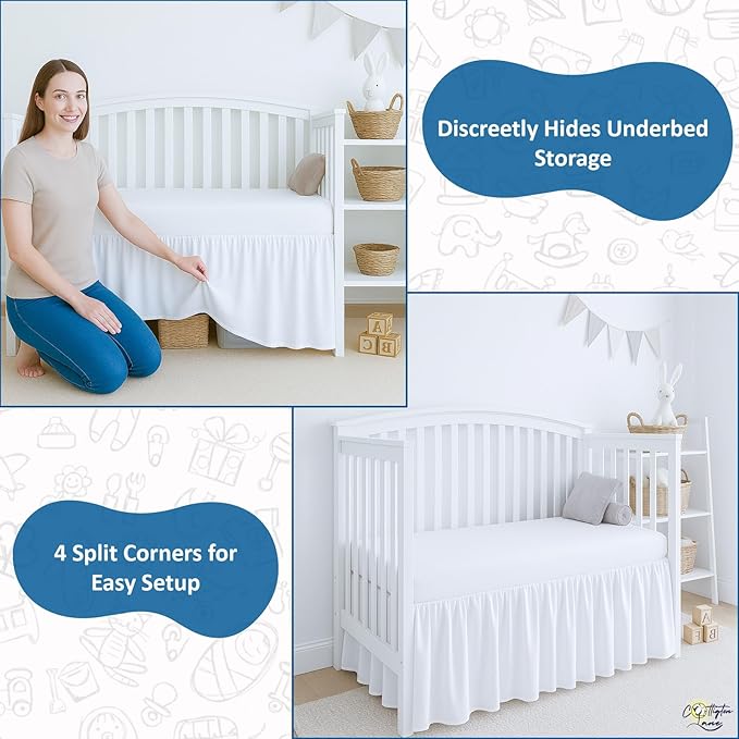 Cottignton Lane Ruffled Crib Bed Skirt, Soft Nursery Bedding in 100% Natural Cotton, Platform Style with 4-Sided Coverage & Split Corners – Fits Standard Cribs 28" x 52" with 14" Drop, White