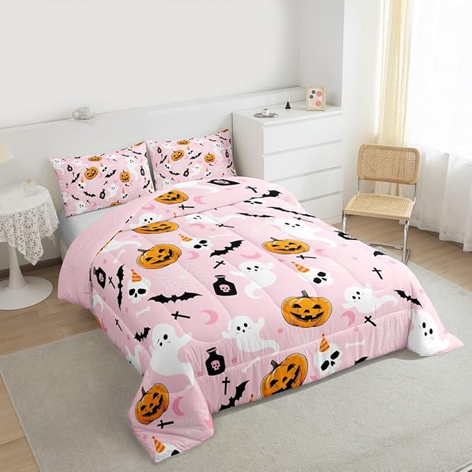 Erosebridal Pink Halloween Comforter Set Cute Ghost Bedding Set Twin Size,Spooky Pumpkin Bat Decor Quilt for Kids Boys Girls Adults Vintage Halloween Decorations Down Comforter