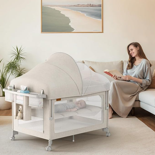 4 in 1 Baby Bassinet, Pack and Play, Bedside Crib Sleeper, Diaper Changer, Quickly Assembled and Folded Portable Crib with Mattress and Mosquito Net, Easy to Carry