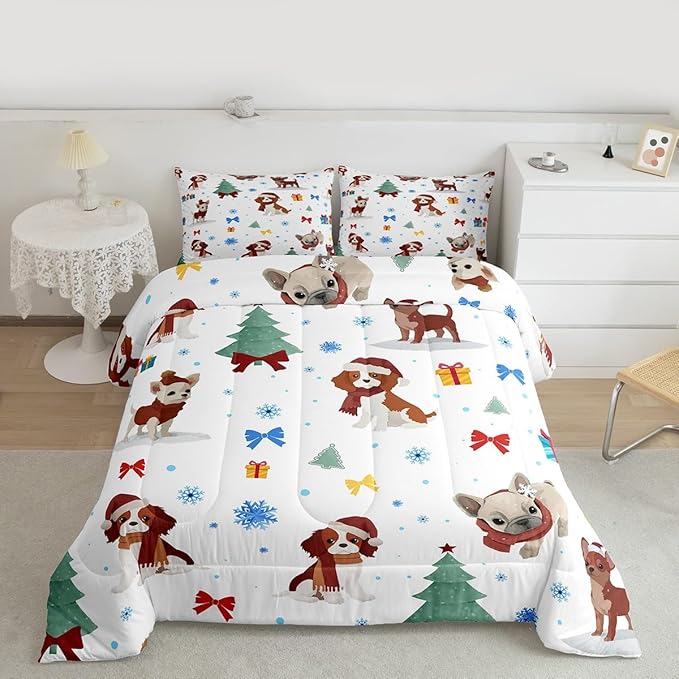 Feelyou Christmas Puppy Comforter Set All Season Festive Pet Bedding Set with 2 Pillow Cases Cute Dog Kids Full Bedclothes Xmas Tree Snowflake Bedroom Decor Duvet Quilt Breathable Soft Lightweight