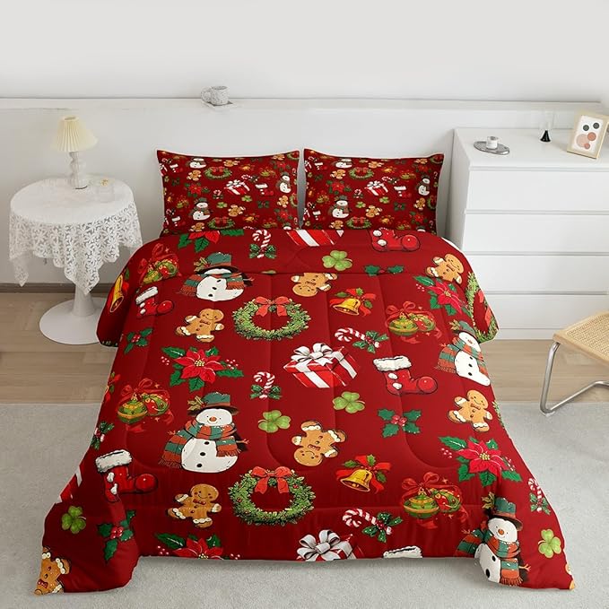 jejeloiu Merry Christmas Comforter Set Full Size Cute Snowman Bedding Set for Kids Boys Girls Gingerbread Man Duvet Quilt Red Bedroom Decor