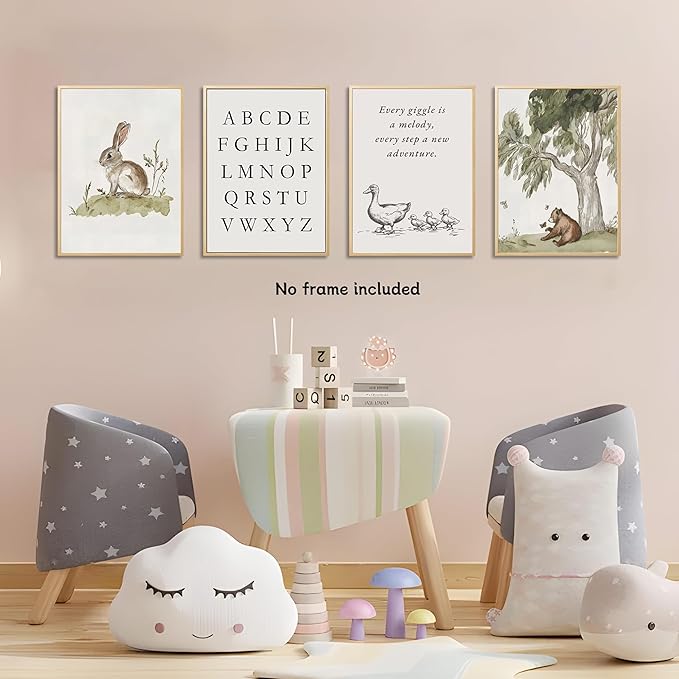 Nursery Gallery Wall Art Animal Canvas Prints Vintage Rustic Poster Set for Kids’ Room Decor Alphabet Inspirational Quotes Wall Art Neutral Baby Room Painting Unframed 8x10 Inches