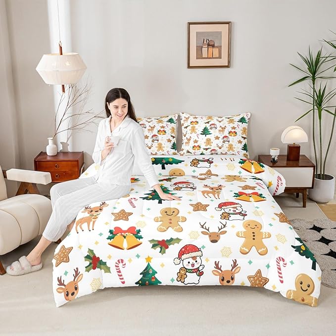 Feelyou Merry Christmas Comforter Set All Season Gingerbread Man Bedding Set with 1 Pillow Cases Cute Deer Microfiber Kids Toddler Bedclothes Christmas Tree Duvet Quilt Breathable Soft Lightweight