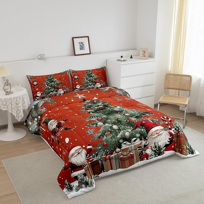 Christmas Theme Comforter Set Twin Size,Snowflake Christmas Tree Bedding Set for Kids Teens Adults Room Decor,Santa Claus Red Quilt Set 2Pcs,X'mas Star Polka Dot Glitter Duvet Insert,1 Pillowcase