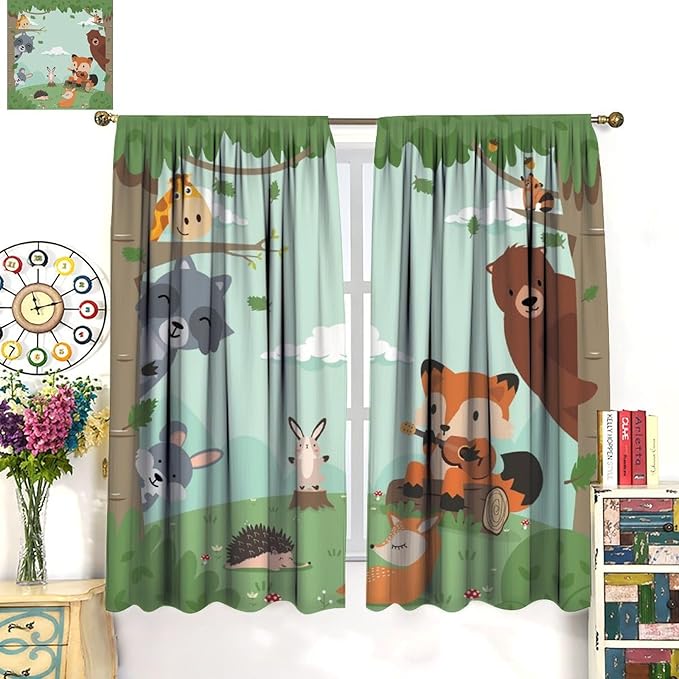 Forest Animals Curtains Colorful Forest Cartoon Cute Fox Bear Giraffe for Kids Boys Girls Nursery Bedroom Living Room Blackout Rod Pocket Decoration Window Drapes 2 Panels W31.5xL72in