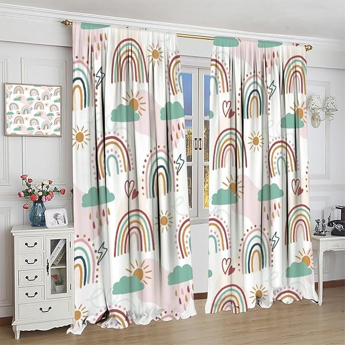 Kids Rainbow Curtains Boho Cartoon Colorful Stars Love Heart Lovely Abstract Art Pattern Print Window Drapes for Girl Bedroom Living Room Kitchen Decor,2 Panel Set,84Wx84H Inch Blackout