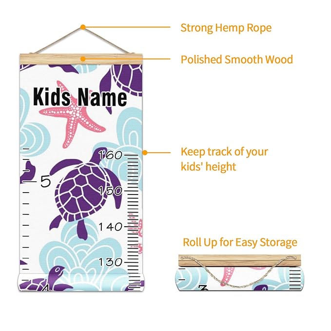 Personalized Kids Name Growth Chart Ruler for Wall Wood Frame Height Measure Chart 13.4x56 in Linen Hanging Height Growth Chart Sea Turtle Starfish Coral Kids Room Decor