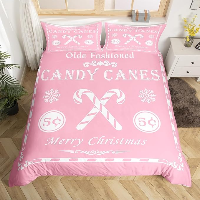 jejeloiu Christmas Bedding Set Twin Size Kids Christmas Quote Comforter Cover Set for Boys Girls Teens Candy Canes Print Duvet Cover Xmas Bedspread Cover Room Decorations Pink White Quilt Cover