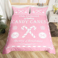 jejeloiu Christmas Bedding Set King Size Kids Christmas Quote Comforter Cover Set for Boys Girls Teens Candy Canes Print Duvet Cover Xmas Bedspread Cover Room Decorations Pink White Quilt Cover