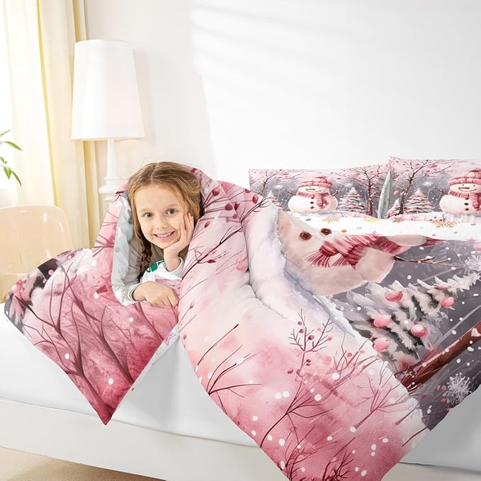Feelyou Cute Snowman Comforter Set All Season Christmas Tree Bedding Set with 1 Pillow Cases Xmas Snowflake Microfiber Kids Toddler Bedclothes Pink Scarf Bedroom Decor Pink Winter Scene Duvet Quilt