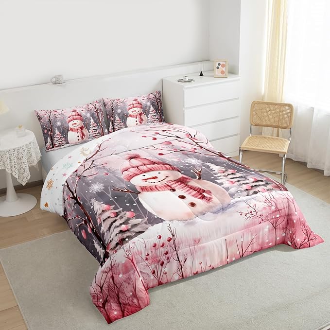 Feelyou Cute Snowman Comforter Set All Season Christmas Tree Bedding Set with 2 Pillow Cases Xmas Snowflake Microfiber Kids Full Bedclothes Pink Scarf Bedroom Decor Pink Winter Scene Duvet Quilt