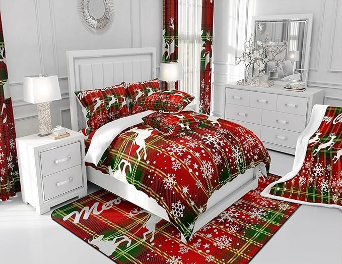 Manfei Christmas Duvet Cover Set King Size, White Deer and Snowflake Print Comforter Cover with 2 Pillowcases, Red Plaid Print Bedding Set 3pcs for Kids Boys Girls Bedroom Decor,No Comforter