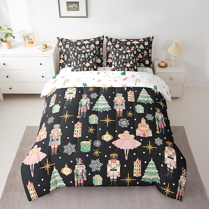 Erosebridal 7Pcs Black Christmas Comforter Set Twin Size,Nutcracker Bedding Set,Xmas Snowflake Stars Bed in A Bag,Romantic Princess Castle Quilt with Flat Fitted Sheet