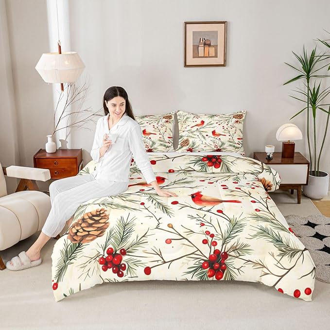 Feelyou Cardinal Bird Kids Comforter Set Full Size Pine Branch Bedding Set Red Berry Duvet Quilt for Kids Boys Girls Bedroom Pine Cone Decor Winter Christmas Pattern Microfiber Ultra Soft Breathable