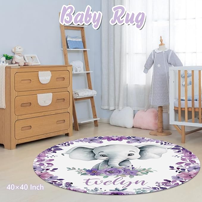 Personalized Baby Crib Bedding Set, 5 Pcs Custom Name Nursery Bedding Set for Girls Boys, Purple Elephant Baby Crib Set for Toddlers Infants, Double Layer Bedding Crib Sets Customized Gifts