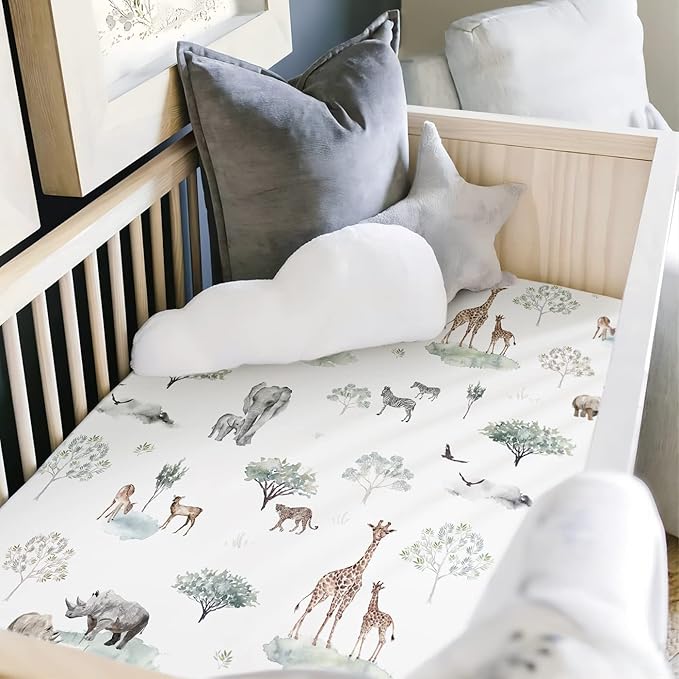 GRSSDER Ultra Soft Pack and Play Sheets, Stretchy Jersey Knit Pack n Play Sheets Fitted 2 Pack, Universal Fitted Portable/Mini Crib Mattresses Safe and Snug, Pretty African Savannah Animals