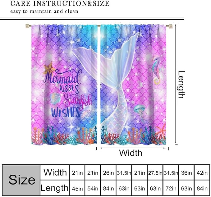 Kids Fantasy Mermaid Curtains Dream Colorful Mermaid Fish Tail Scale Fantasy Ocean Theme Window Treatment for Girls Bedroom Nursery Room Decor Window Drapes 84" W X 84" L