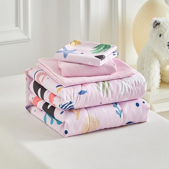 Joyreap 4 Piece Toddler Bedding Set for Girls- Ocean Theme Pink Design, Microfiber Toddler Bedding Comforter Set for All Seasons