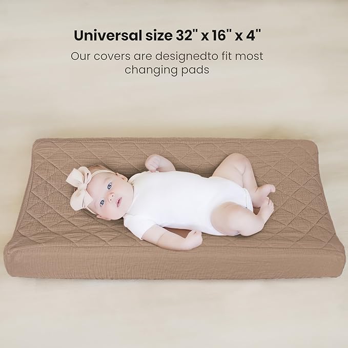 Konssy Waterproof Muslin Changing Pad Cover 2 Pack, Quilted Cotton Fitted Diaper Changing Table Cover, Soft Changing Pad Sheets for Girls Boys (Brown, Cream)
