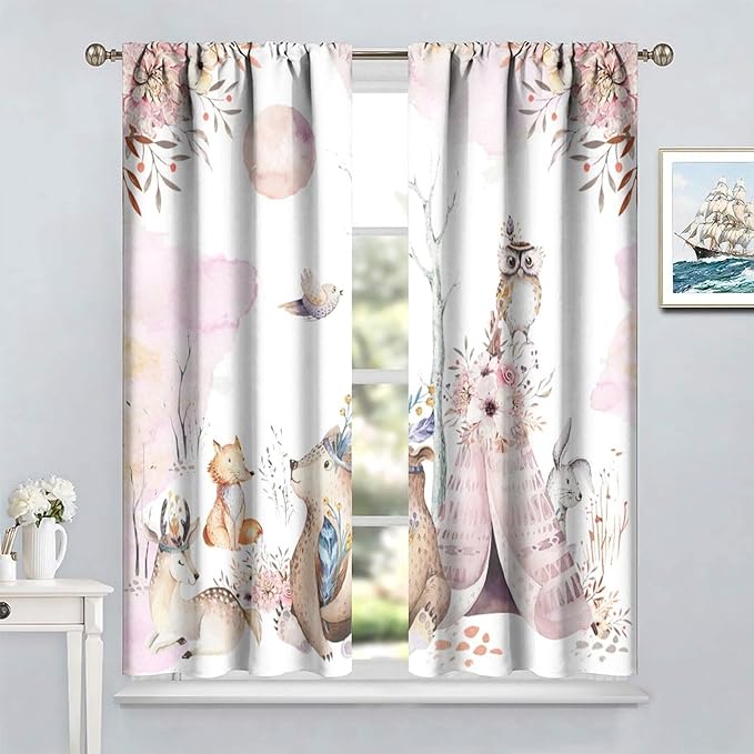 Forest Animal Curtains for Kids, Pink Watercolor Woodland Animal Window Treatments Fox Deer Owl Wildlife Safari Jungle Bear Window Drapes for Girls Nursery Toddler Bedroom 55x63in