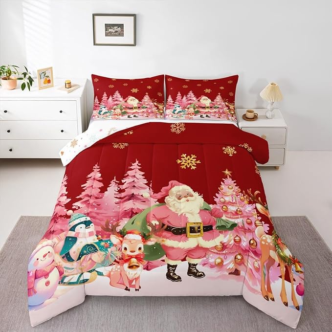 jejeloiu Merry Christmas Comforter Set Full Size Santa Claus Bedding Set for Kids Boys Girls Cute Deer Duvet Quilt Red Bedroom Decor
