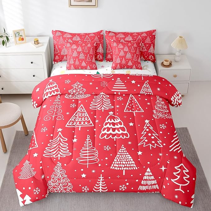 Feelyou Merry Christmas Bed Set Xmas Tree Cute Comforter Set with Sheets Red Chic Bed in a Bag Kawaii Stars Cartoon Bedding Set Bedroom Collection Twin Size
