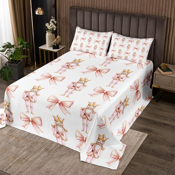 Cartoon Nutcracker Kids Bedspread Twin Size,Pink Bowknot Romantic Princess Coverlet Set,Girls Women Room Decor,Ballet Merry Christmas Bow Tie Quilted Coverlet,Dreamy Bedding Quilt,1 Pillowcase
