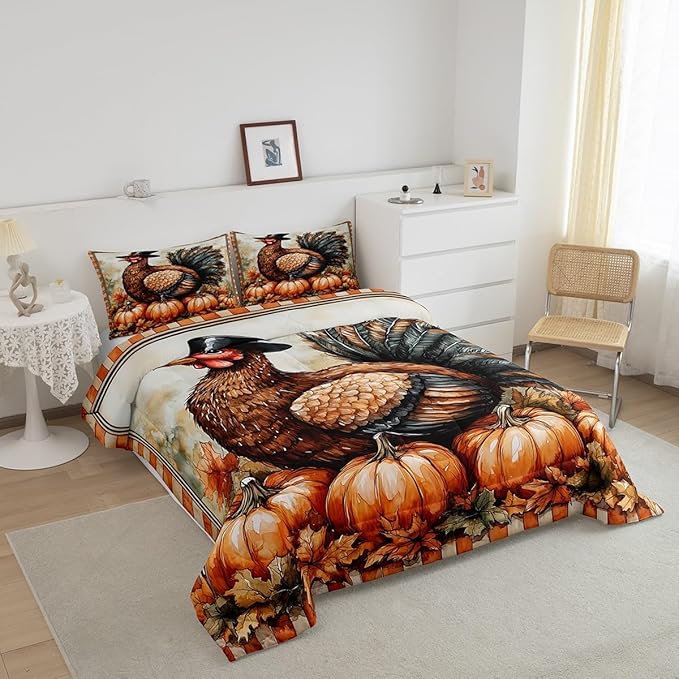Feelyou Boys Girls Thanksgiving Comforter Cover Full Size, Fall Autumn Comforter Set for Turkey Duvet Cover Kids Pumpkin Teens Bedspread Cover Bedroom Decor Bed Set 3Pcs