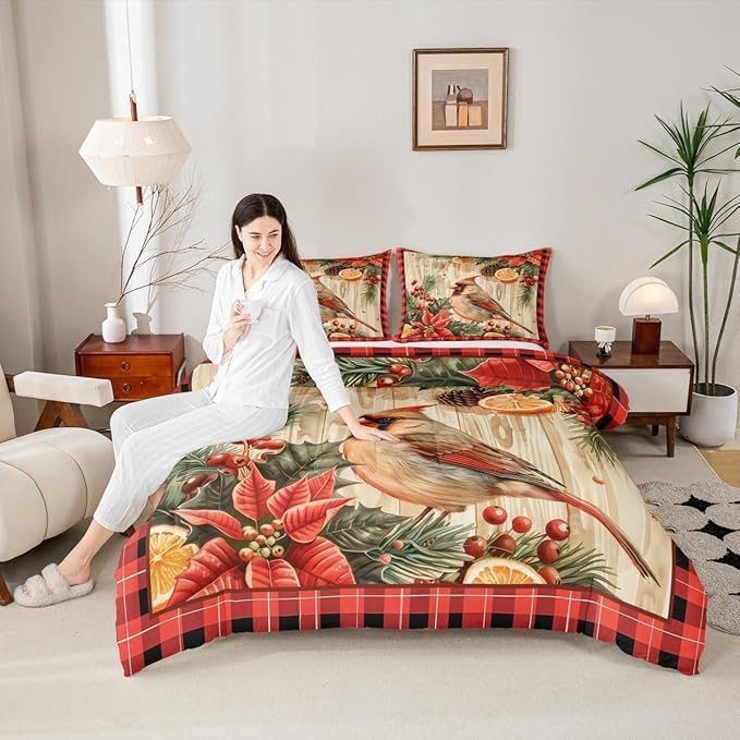 jejeloiu Kids Red Cardinal Comforter Set Queen Size Christmas Red Black Plaid Flower Bedding Set for Boys Girls Teens Xmas Birds Animal Lemon Winter Wood Plank Duvet Quilt Room Decor