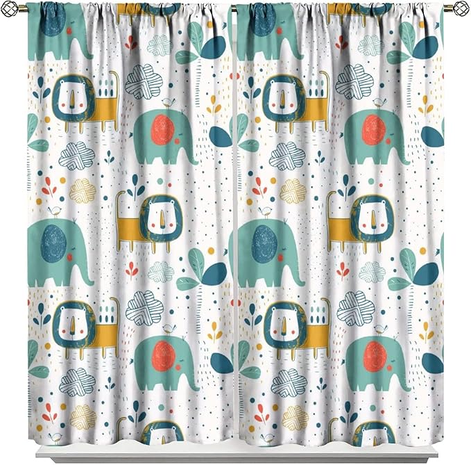 Cute Lions Blackout Curtains for Kids Bedroom,Cartoon Tropical Plants Birds Elephants Print Pattern Window Drapes,Funny Animal Thermal Insulation Curtain for Nursery Baby Room 52x84in