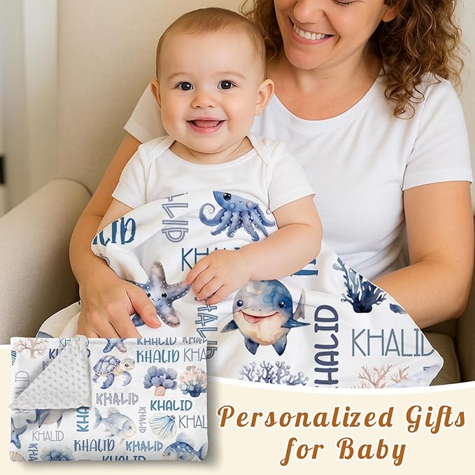 Personalized Baby Blanket with Name, Customized Blanket for Newborn Boys Girls, Ocean Animals Flannel Baby Name Blanket with Dotted Backing, Receiving Swaddle, Gifts for New Parents(60" x80)
