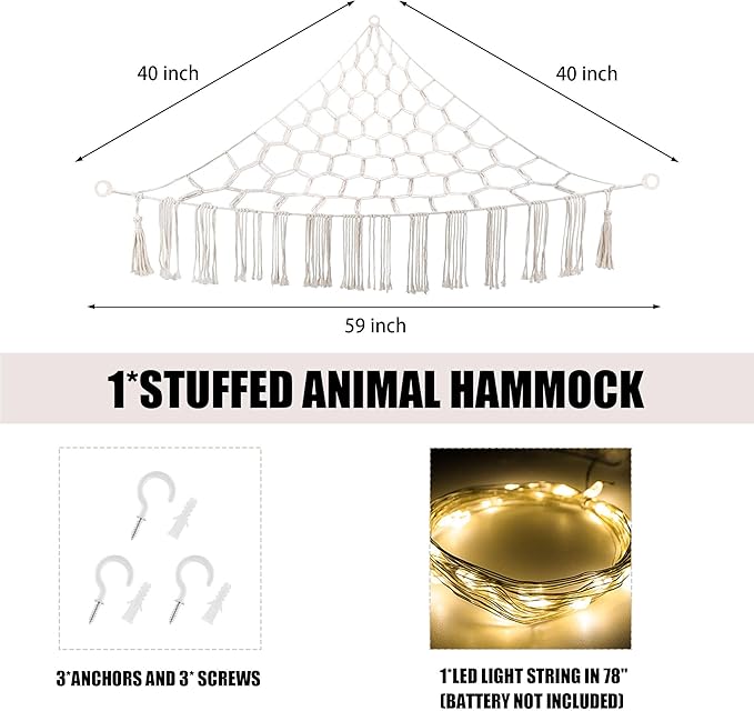 Stuffed Animal Hammock with LED Light, Large Stuffed Animals Storage Corner Plushie Net for Kids Room Decor, White