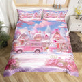 Manfei Christmas Duvet Cover Set Full Size, Pink Truck Flower Snowman Bedding Set for Kids Girls Room Decor, New Year Theme Comforter Cover, Lightweight Bedspread Cover, 2 Pillowcases, No Comforter