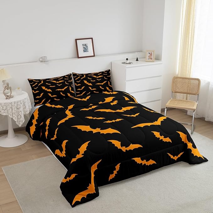 Erosebridal Bat Quilt Happy Halloween Decor Comforter Set King Size for Kids Boys Youth Gothic Spooky Bedding Set Orange Bats Silhouette Duvet Insert with 2 Pillow Cases