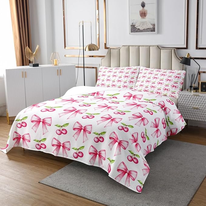 Pink Bowknot Kids Bedspread King Size,Cherry Tropical Fruit Cartoon Coverlet Set,Girls Women Room Decor,Bow Tie Butterfly Knot Princess Quilted Coverlet,Dreamy Fashion Bedding Quilt,2 Pillowcases