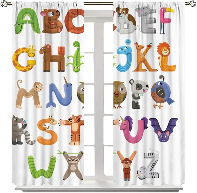 Kids Alphabet Curtains Cartoon Animal Baby Children Funny Learning Educational Curtain with Rod Pocket for Bedroom Nursery Decor Drapes Window Treatments 2 Panels Set 42x63in
