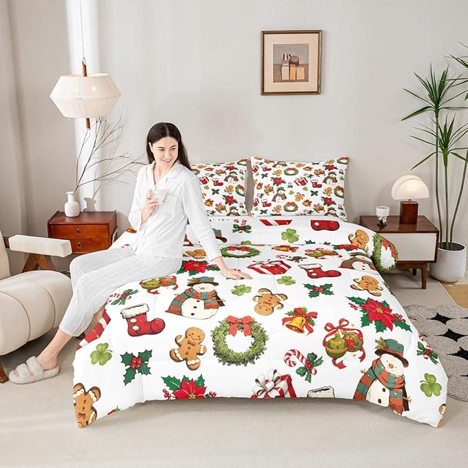jejeloiu Merry Christmas Comforter Set Queen Size Cute Snowman Bedding Set for Kids Boys Girls Gingerbread Man Duvet Quilt White Bedroom Decor