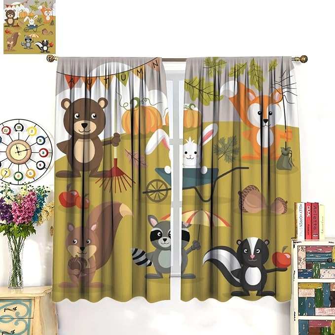 Cartoon Curtains, Jungle Animals Autumn Fun Pattern Blackout Window Treatments, Rod Pocket Thermal Insulated Drapes 2 Panel Sets for Children Boys Bedroom Nursery Classroom, 52" W X 84" L