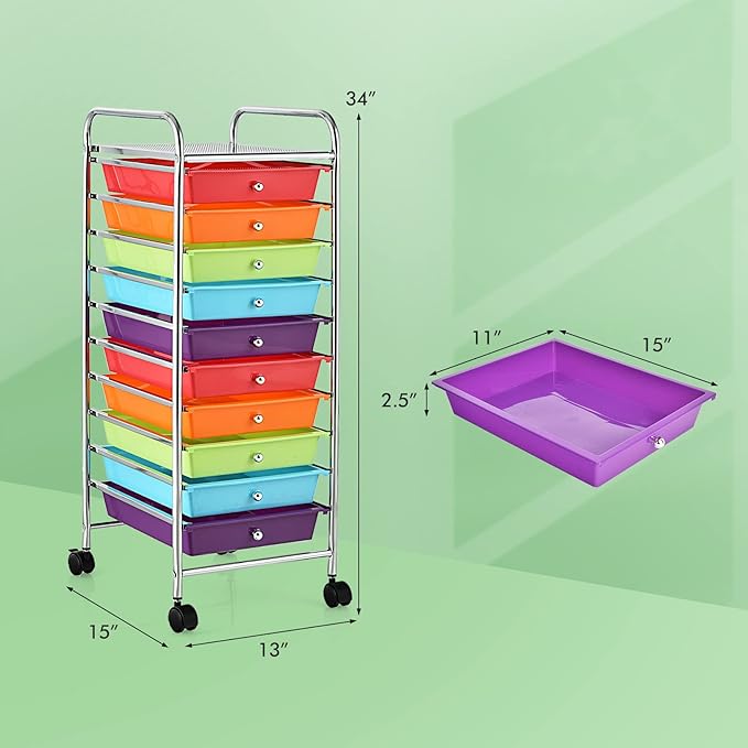 Storage Cart, Rolling Utility Cart with 10 Drawers, Portable Handles & Lockable Wheels, Mobile Paper Toys Storage Organizer Large Capacity for Home Office School Teacher (Multi-Color)