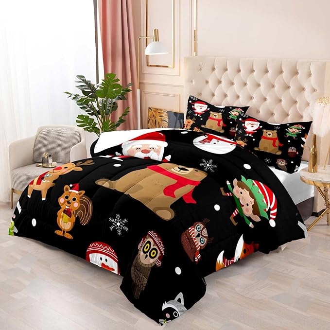 LUVIVIHOME 3PCS Merry Christmas Comforter Set Full Size, Boys Girls Kids Bedding, Black Quilt, Funny Cute Cartoon Santa Claus Elf Owl Elk Reindeer Squirrel Xmas Christmas Bedroom Decor, 2 Pillow Shams