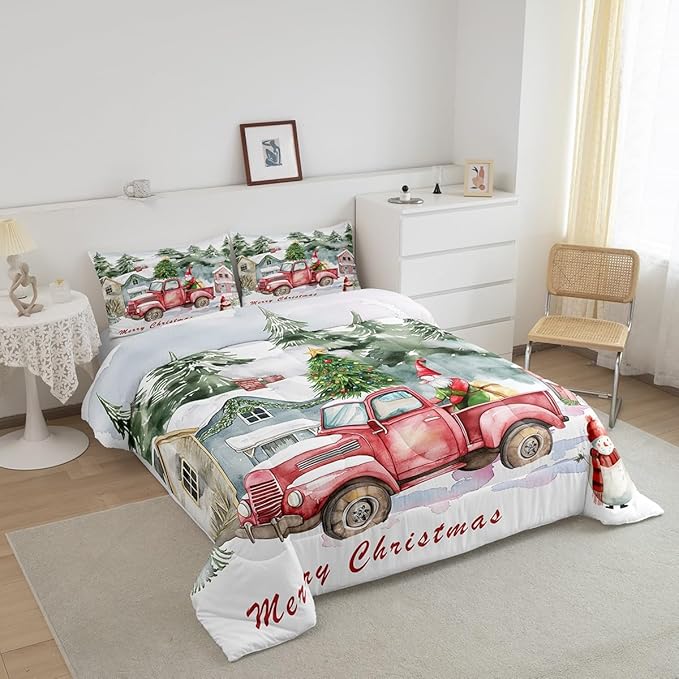 Red Old Truck Comforter Set Twin Size,Christmas Tree Gnome Bedding Set for Kids Boys Girls Room Decor,Snowman Winter Rustic Style Quilt Set 2Pcs,Merry Christmas Retro Duvet Insert,1 Pillowcase