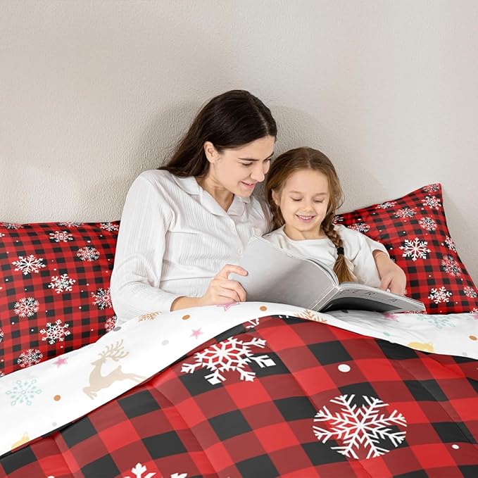 Feelyou Christmas Kids Comforter Set Full Size Snowflake Red Bedding Set Red Black Plaid Duvet Quilt for Kids Boys Girls Bedroom Winter Snow Decor Microfiber Ultra Soft Breathable