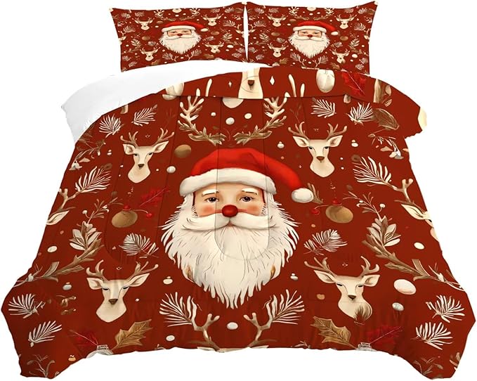 Red Christmas Comforter Set Santa Claus Bedding Full/Queen Size for Kids Girls Women Xmas Reindeer Holiday Bedroom Quilt Bed Sets, 1 Comforter 2 Pillowcases
