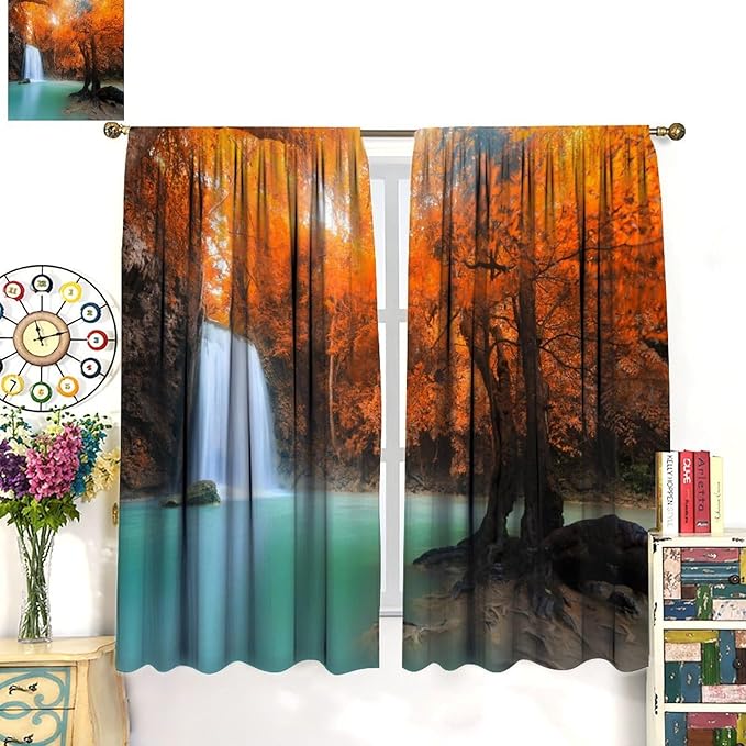 Forest Waterfall Blackout Curtains, Fall Leaves Trees Jungle Autumn Stream Country Nature Landscape Scenery Window Drapes, for Bedroom Living Room 63" W X 72" L